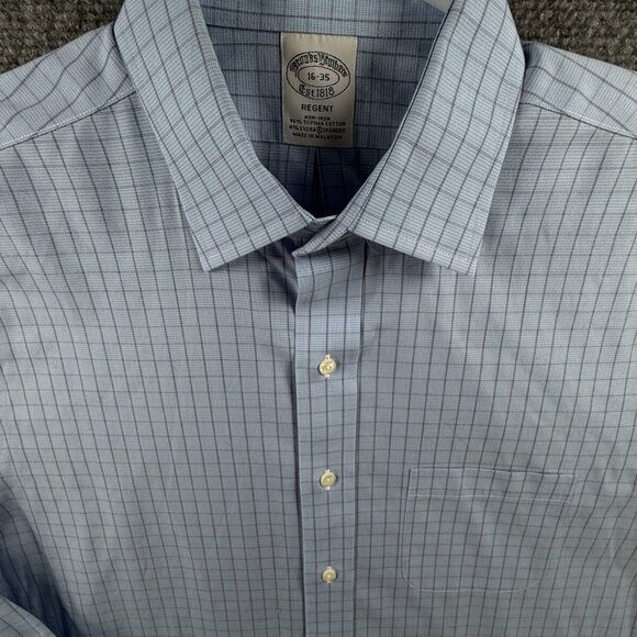Brooks Brothers Non Iron Stretch Button Up Shirt Cotton Regent Blue Check 16 35 - Picture 1 of 16